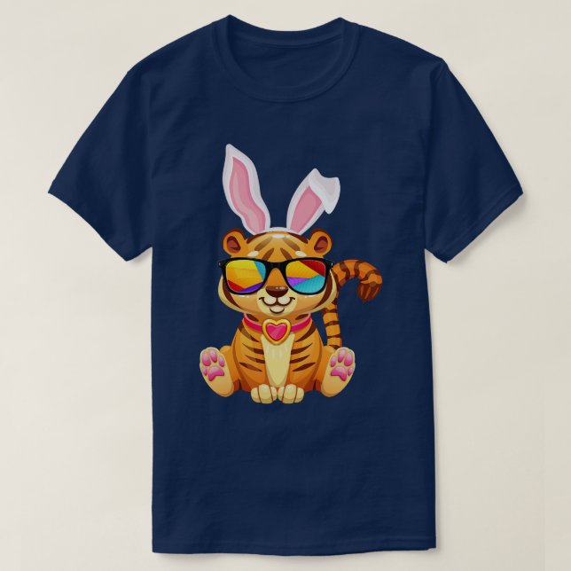 Tiger Dog Cool Sunglass Bunny Hat Happy Easter Day T-Shirt (Design Front)
