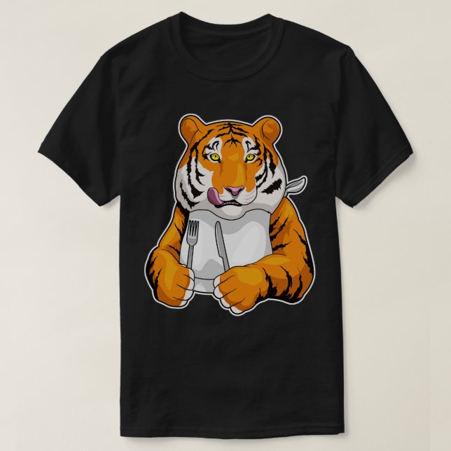 Tiger Eating Knife Fork T-Shirt (Design Front)
