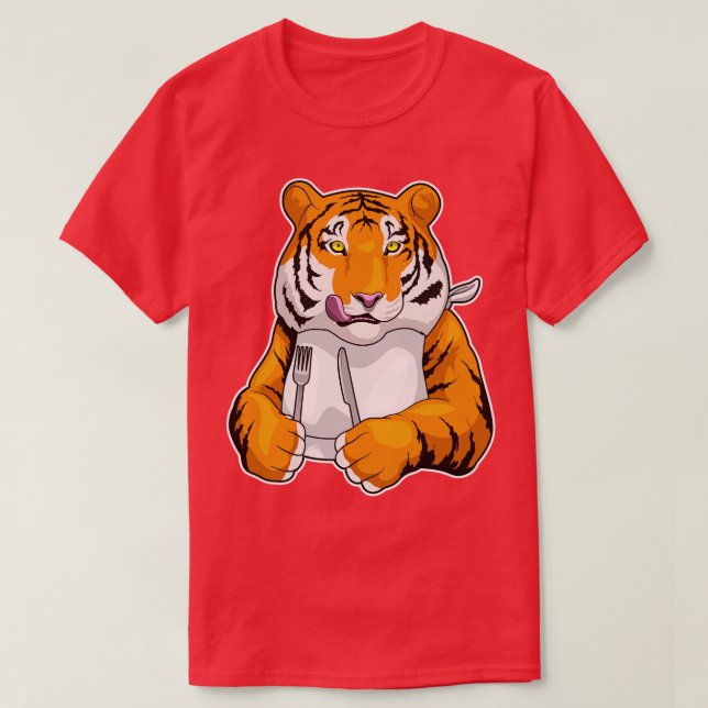 Tiger Eating Knife Fork T-Shirt (Design Front)