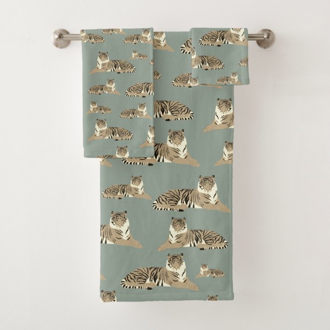 Tiger Exotic Animal Pattern Sage Green  Bath Towel Set (Insitu)