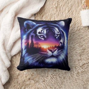 Tiger Face and Scenic Sunset Landscape Cushion
