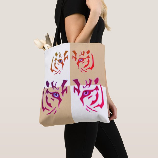 Tiger Face Camel & White Check Tote Bag (Close Up)
