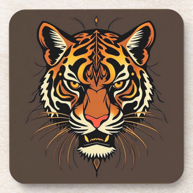 Tiger Face with Tribal Patterns Coaster (Front)