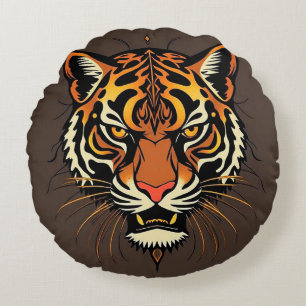 Tiger Face with Tribal Patterns Round Cushion