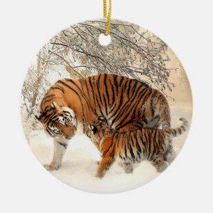 Tiger family in winter ceramic tree decoration
