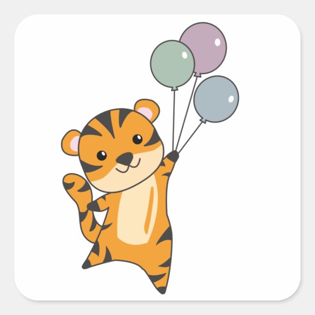 Tiger Flies With Balloons Sweet Animals kids Square Sticker (Front)