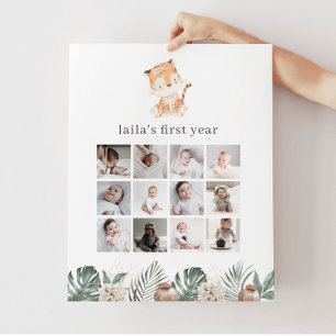 Tiger Floral Greenery 1st Birthday Photo Collage Poster