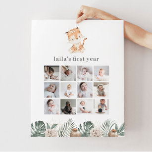 Tiger Floral Greenery 1st Birthday Photo Collage Poster