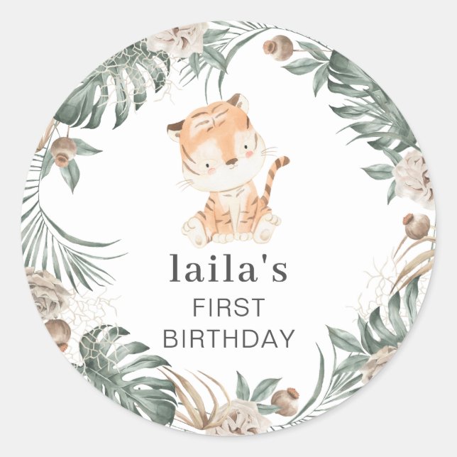 Tiger Floral Greenery Round Classic Round Sticker (Front)