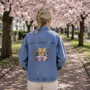 Tiger Floral Henna Botanical Flowers Green Denim Jacket