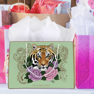 Tiger Floral Henna Botanical Flowers Green Large Gift Bag