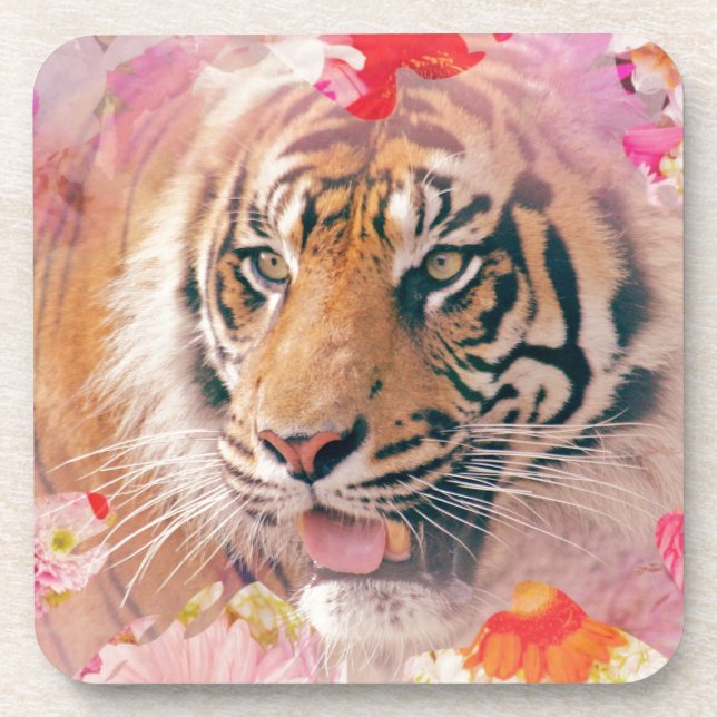 Tiger Floral Splatter Digital Art Coaster (Front)