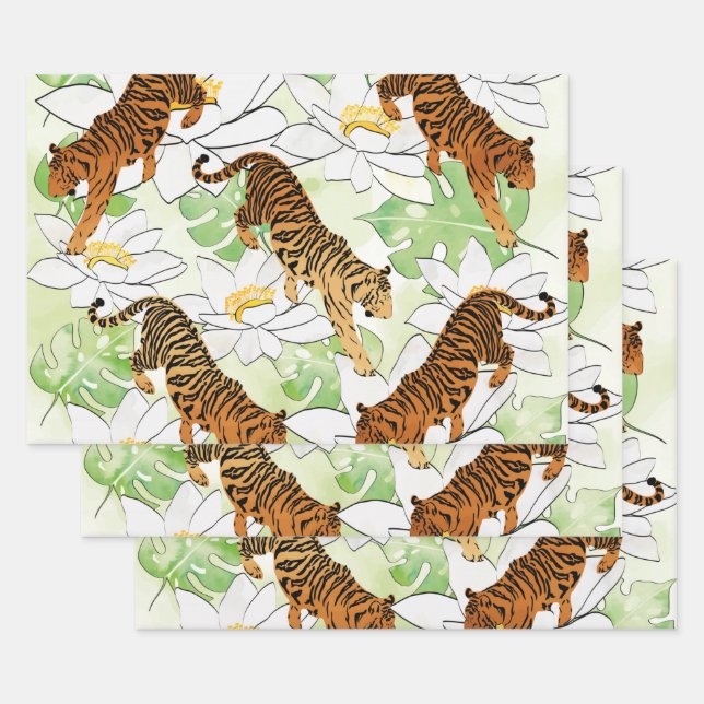 Tiger flower watercolor pattern wrapping paper sheet (Set)