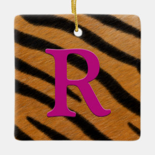 Tiger Fur Personalised Monogram & Message Magenta Ceramic Ornament