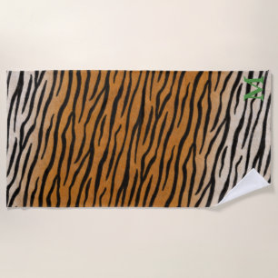 Tiger Fur Realistic Animal Print Green Monogram Beach Towel