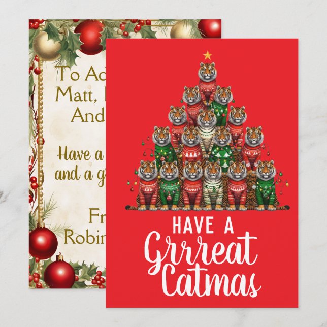Tiger Great Catmas Christmas Tree Holiday Card (Front/Back)