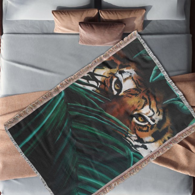 Tiger Green Jungle Leaves Throw Blanket (Creator Uploaded)