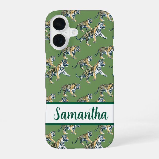 Tiger Green Pattern Personalised name iPhone 16 Case (Back)