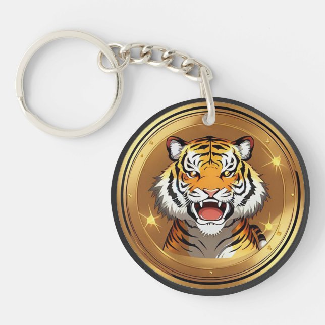 Tiger Head Emblem on a Golden Circular Background Key Ring (Front)