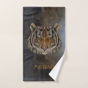 Tiger Head, Face, Leather Look  Bath Towel Set
