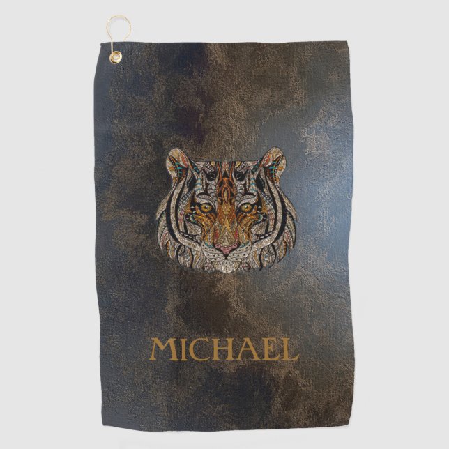 Tiger Head, Face, Leather Look   Golf Towel (Front)