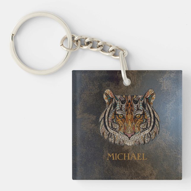 Tiger Head, Face, Leather Look   Key Ring (Front)