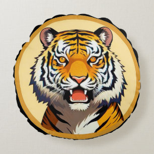 Tiger Head Framed with Golden Glowing Aura Round Cushion