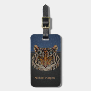 Tiger Head Leathe Look Blue,Black Luggage Tag