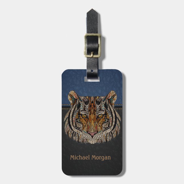 Tiger Head Leathe Look Blue,Black Luggage Tag (Front Vertical)