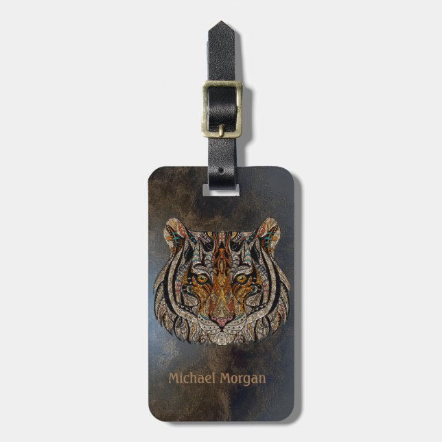 Tiger Head Leathe Look- Personalised Luggage Tag (Front Vertical)
