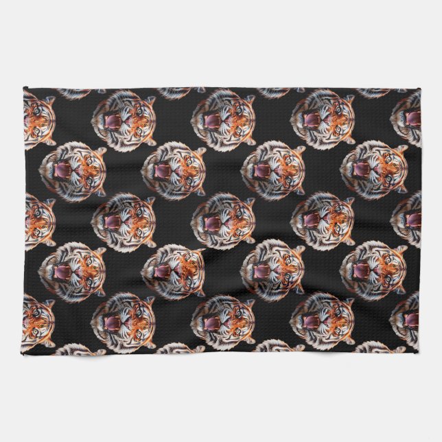 Tiger Head Pattern Design - Black   Tea Towel (Horizontal)