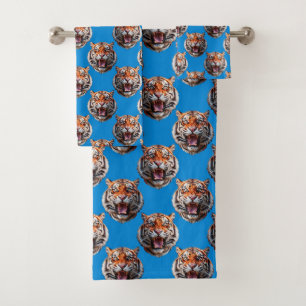 Tiger Head Pattern Design Blue Bath Towel Set