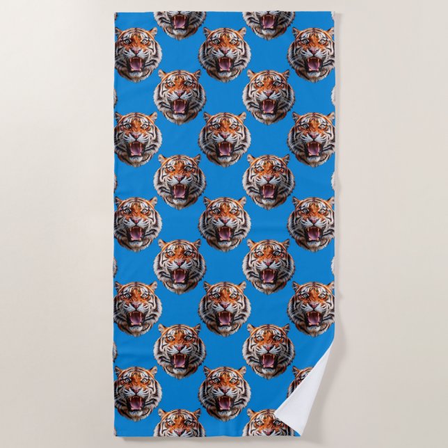 Tiger Head Pattern Design Blue  Beach Towel (Front)