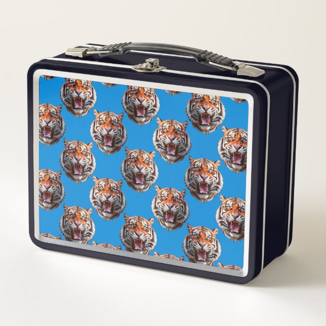 Tiger Head Pattern Design Blue  Metal Lunch Box (Front)