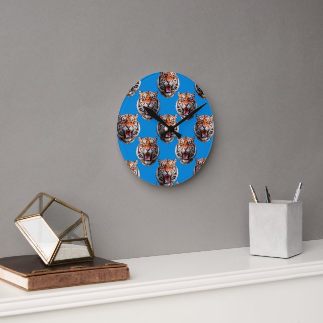 Tiger Head Pattern Design Blue  Round Clock (Office)