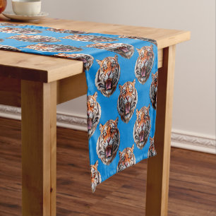 Tiger Head Pattern Design Blue Short Table Runner