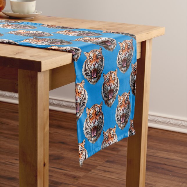 Tiger Head Pattern Design Blue  Short Table Runner (In Situ)