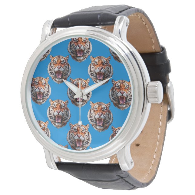 Tiger Head Pattern Design Blue  Watch (Angled)
