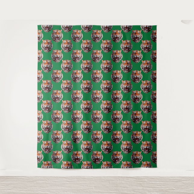 Tiger Head Pattern Design Green  Tapestry (Front)