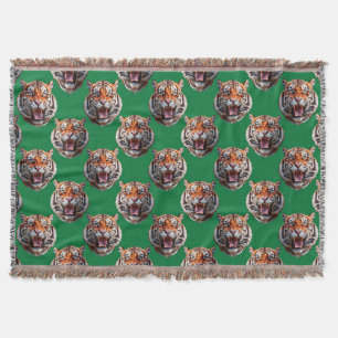 Tiger Head Pattern Design Green  Throw Blanket