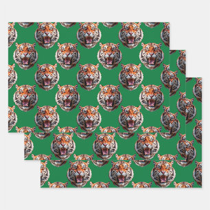 Tiger Head Pattern Design Green Wrapping Paper Sheet