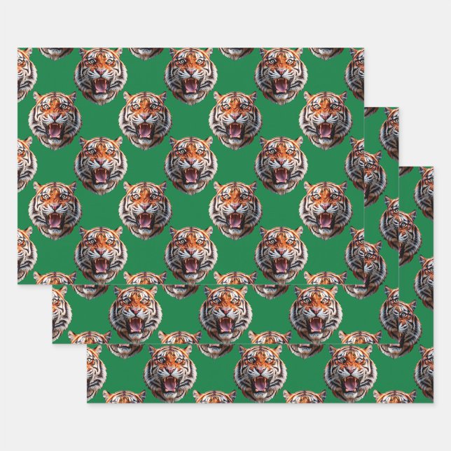 Tiger Head Pattern Design Green  Wrapping Paper Sheet (Creator Uploaded)