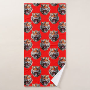 Tiger Head Pattern Design Red Bath Towel