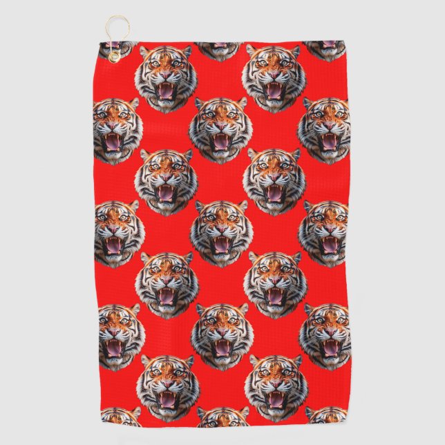 Tiger Head Pattern Design Red Golf Towel (Front)