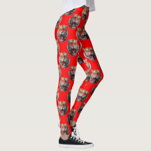 Tiger Head Pattern Design Red Leggings