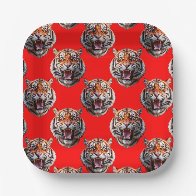 Tiger Head Pattern Design Red Paper Plate (Front)