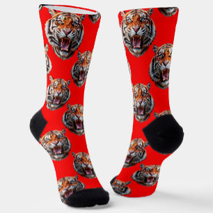 Tiger Head Pattern Design Red Socks