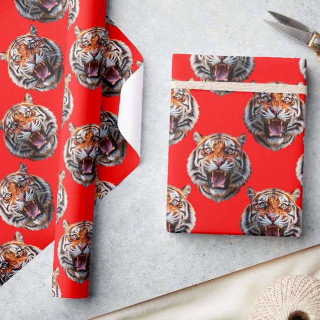 Tiger Head Pattern Design Red Wrapping Paper (Creator Uploaded)