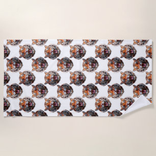 Tiger Head Pattern Design - White Beach Towel