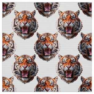 Tiger Head Pattern Design White Fabric